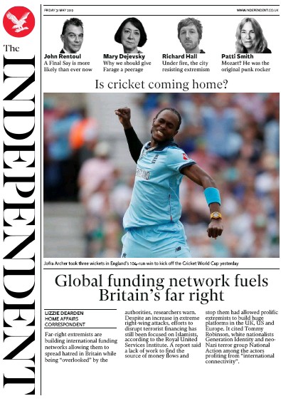 The Independent Newspaper Front Page for 1 June 2019