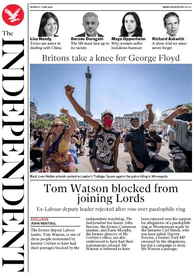 The Independent Newspaper Front Page for 1 June 2020