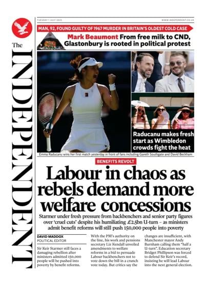 The Independent (UK) Newspaper Front Page for 1 July 2025