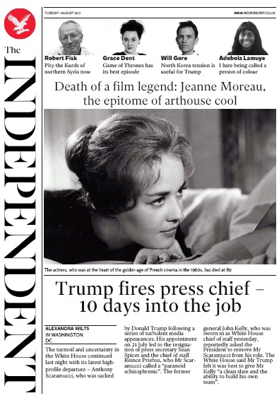 The Independent Newspaper Front Page for 1 August 2017