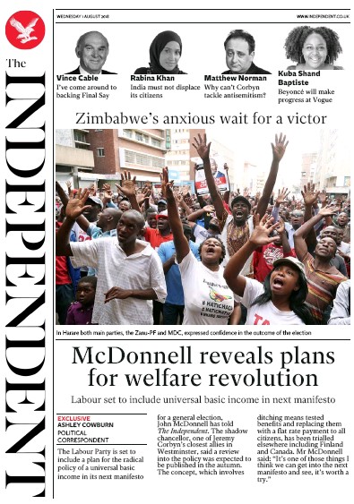 The Independent Newspaper Front Page for 1 August 2018