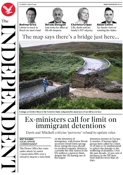 The Independent (UK) Newspaper Front Page for 1 August 2019