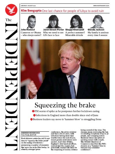 The Independent (UK) Newspaper Front Page for 1 August 2020