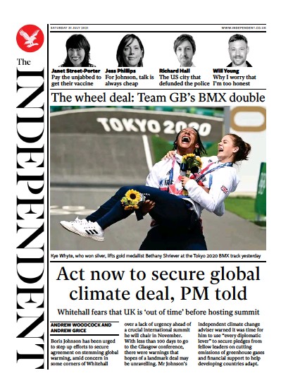 The Independent (UK) Newspaper Front Page for 1 August 2021