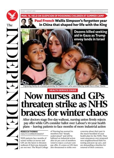 The Independent (UK) Newspaper Front Page for 1 August 2025
