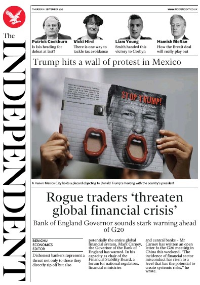 The Independent (UK) Newspaper Front Page for 1 September 2016