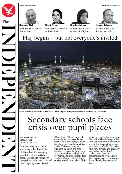 The Independent Newspaper Front Page for 1 September 2017
