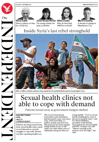 The Independent (UK) Newspaper Front Page for 1 September 2018