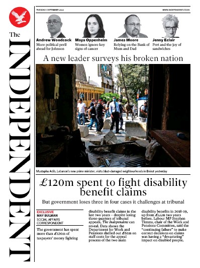 The Independent Newspaper Front Page for 1 September 2020