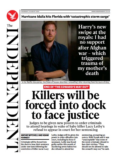 The Independent (UK) Newspaper Front Page for 1 September 2023