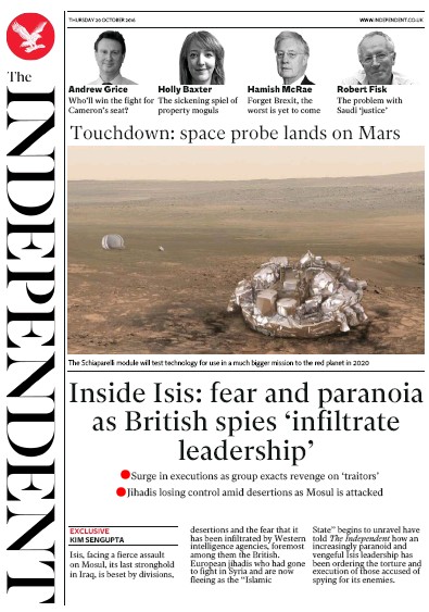 The Independent Newspaper Front Page for 20 October 2016