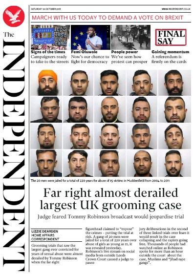 The Independent Newspaper Front Page for 20 October 2018