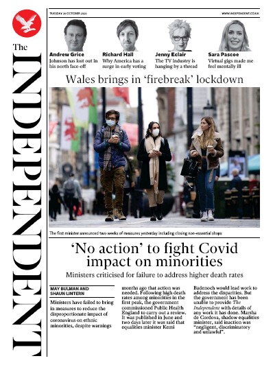 The Independent Newspaper Front Page for 20 October 2020
