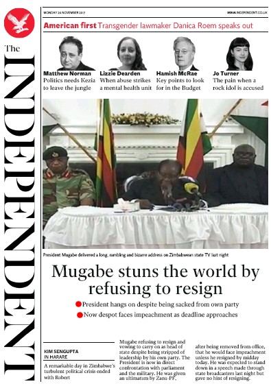 The Independent Newspaper Front Page for 20 November 2017