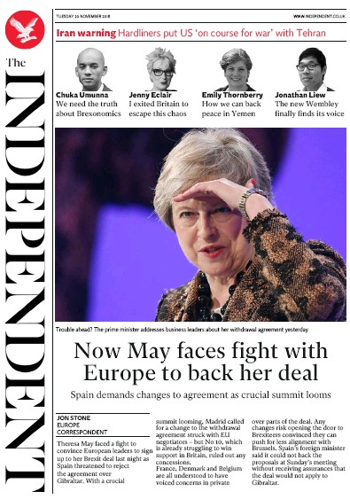 The Independent Newspaper Front Page for 20 November 2018