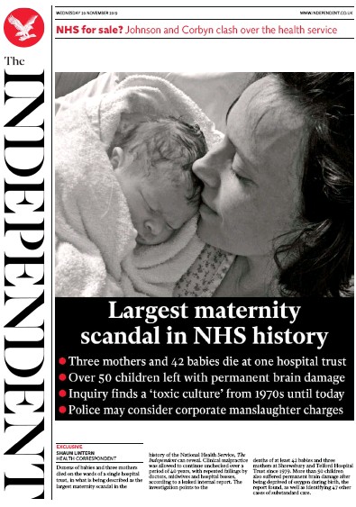 The Independent Newspaper Front Page for 20 November 2019