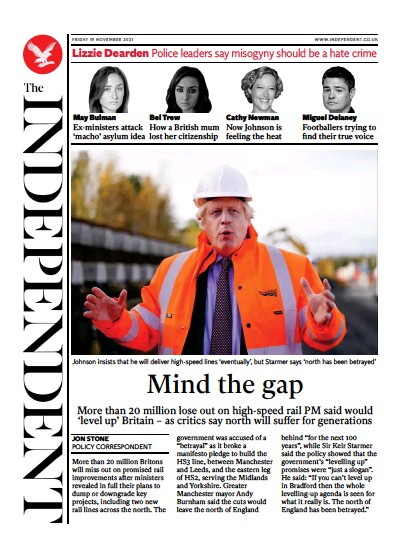 The Independent (UK) Newspaper Front Page for 20 November 2021