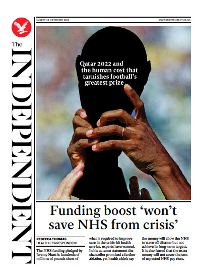 The Independent (UK) Newspaper Front Page for 20 November 2022