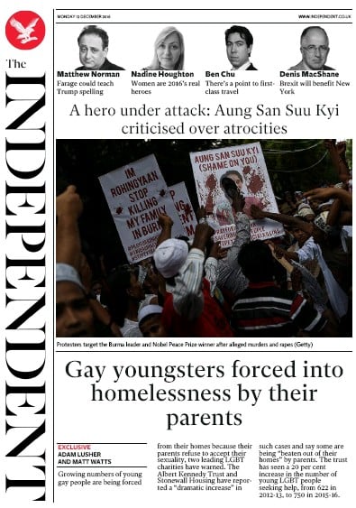 The Independent (UK) Newspaper Front Page for 20 December 2016
