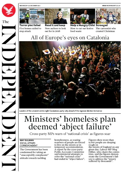 The Independent Newspaper Front Page for 20 December 2017