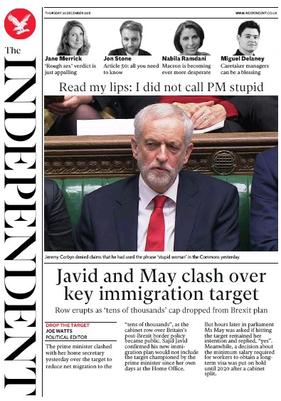 The Independent Newspaper Front Page for 20 December 2018
