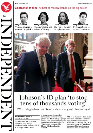 The Independent Newspaper Front Page for 20 December 2019