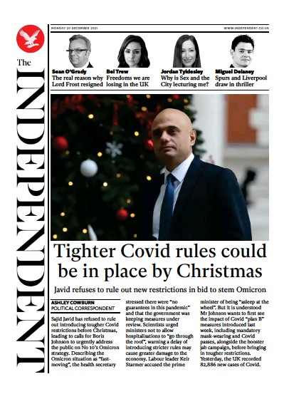 The Independent (UK) Newspaper Front Page for 20 December 2021