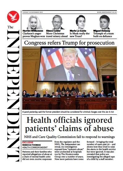 The Independent Newspaper Front Page for 20 December 2022