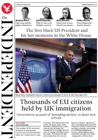 The Independent Newspaper Front Page for 20 January 2017