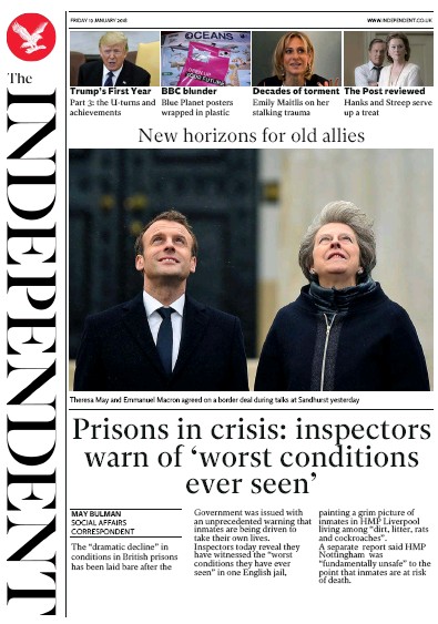 The Independent Newspaper Front Page for 20 January 2018