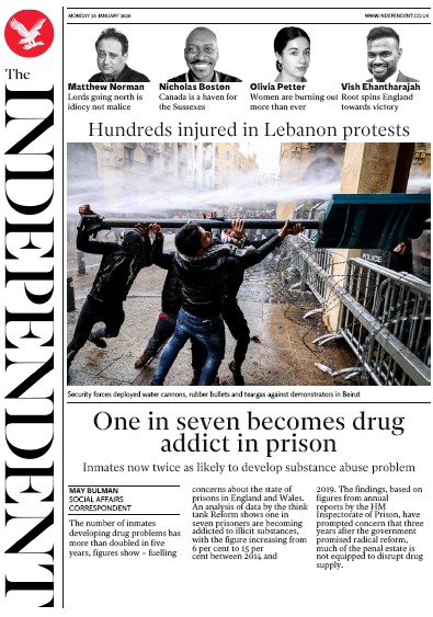 The Independent Newspaper Front Page for 20 January 2020