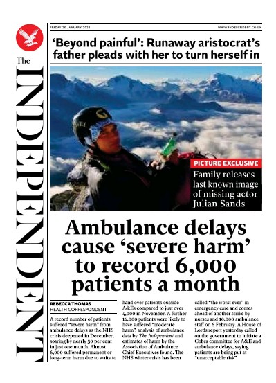 The Independent (UK) Newspaper Front Page for 20 January 2023
