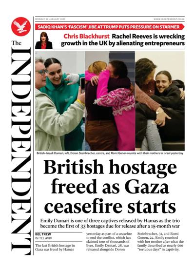 The Independent (UK) Newspaper Front Page for 20 January 2025