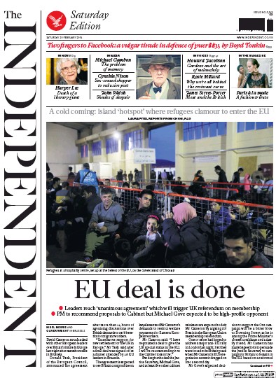 The Independent Newspaper Front Page for 20 February 2016