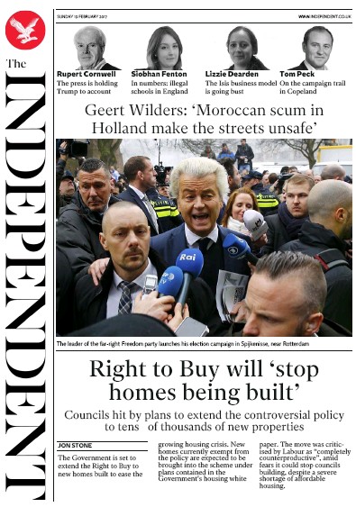 The Independent Newspaper Front Page for 20 February 2017