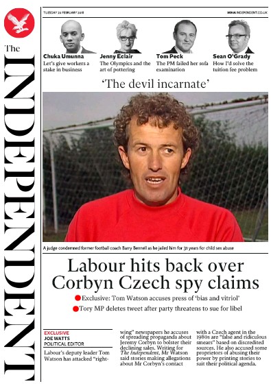 The Independent (UK) Newspaper Front Page for 20 February 2018