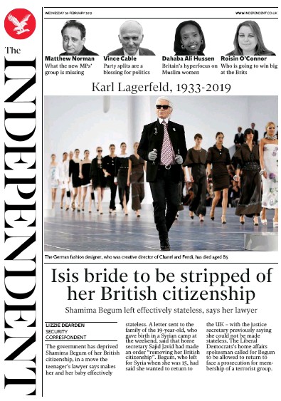 The Independent (UK) Newspaper Front Page for 20 February 2019