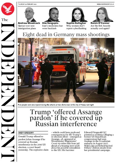 The Independent (UK) Newspaper Front Page for 20 February 2020