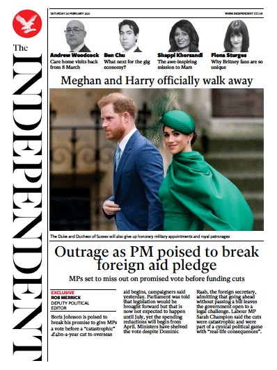 The Independent (UK) Newspaper Front Page for 20 February 2021