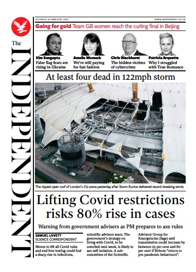 The Independent (UK) Newspaper Front Page for 20 February 2022