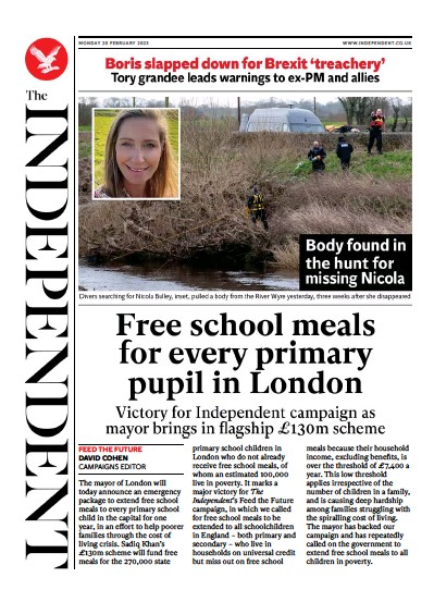 The Independent (UK) Newspaper Front Page for 20 February 2023
