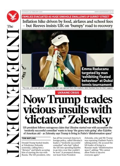 The Independent (UK) Newspaper Front Page for 20 February 2025