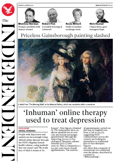 The Independent Newspaper Front Page for 20 March 2017