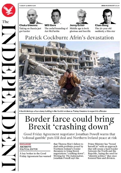 The Independent Newspaper Front Page for 20 March 2018