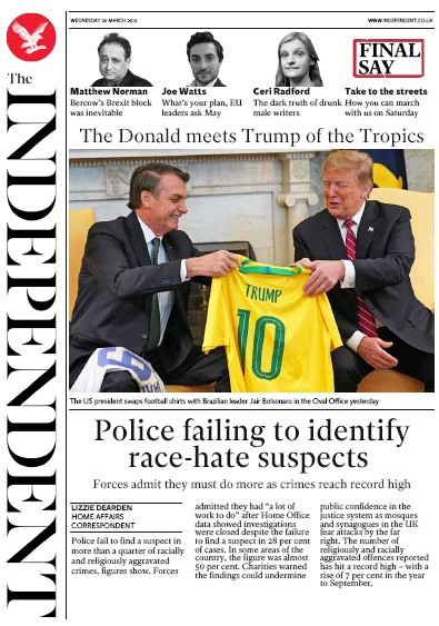 The Independent Newspaper Front Page for 20 March 2019