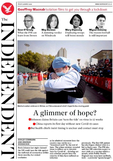 The Independent Newspaper Front Page for 20 March 2020