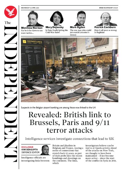 The Independent (UK) Newspaper Front Page for 20 April 2016