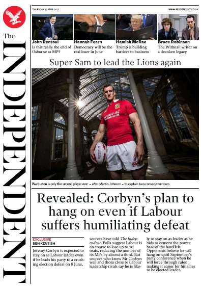 The Independent Newspaper Front Page for 20 April 2017