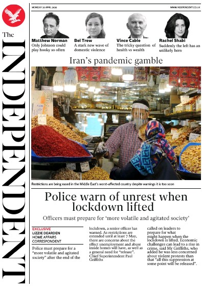 The Independent Newspaper Front Page for 20 April 2020