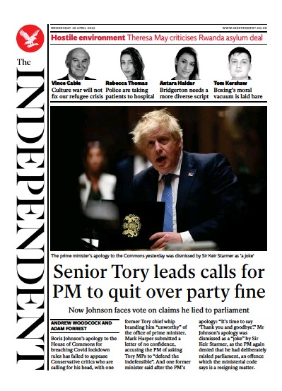 The Independent Newspaper Front Page for 20 April 2022